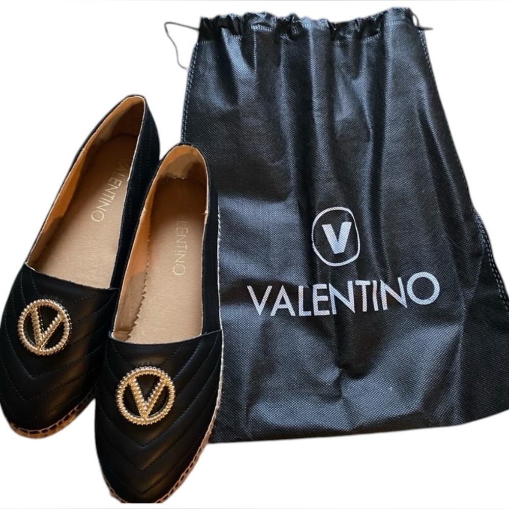 Valentino Espadrilles Loafers Black Gold Logo Size 8 NWT